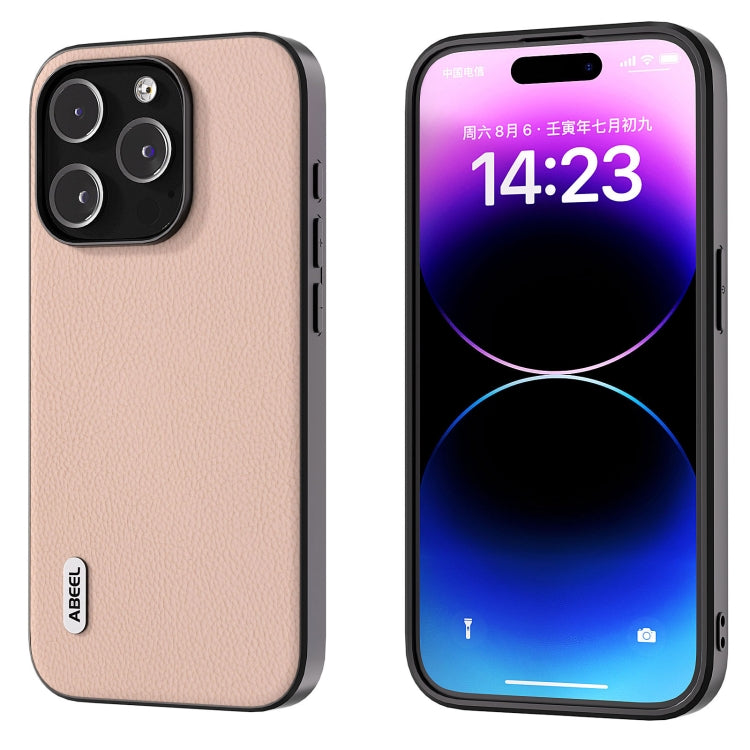 For iPhone 15 Pro Max ABEEL Genuine Leather + PC Litchi Texture Phone Case(Pink Gold) - HoMEdemic™ 
