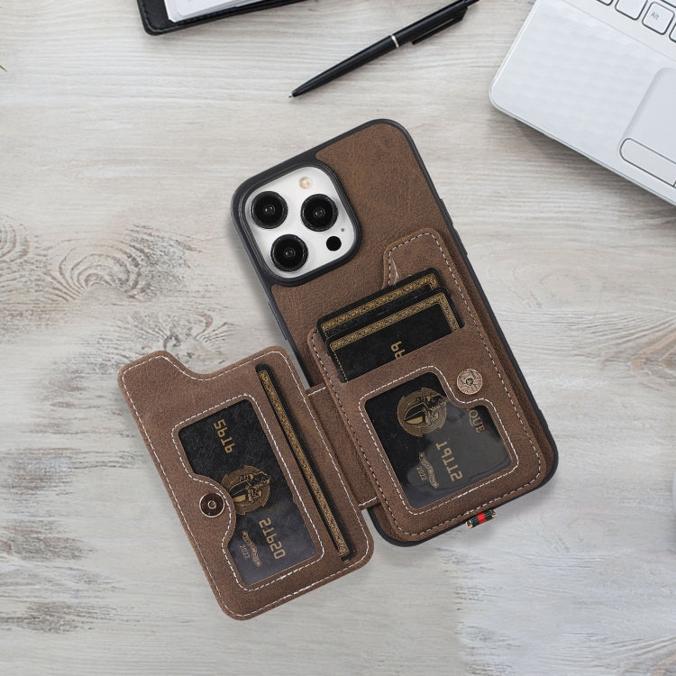 For iPhone 15 Pro Max ABEEL Litchi Texture Card Bag PU Phone Case(Khaki) - HoMEdemic™ 