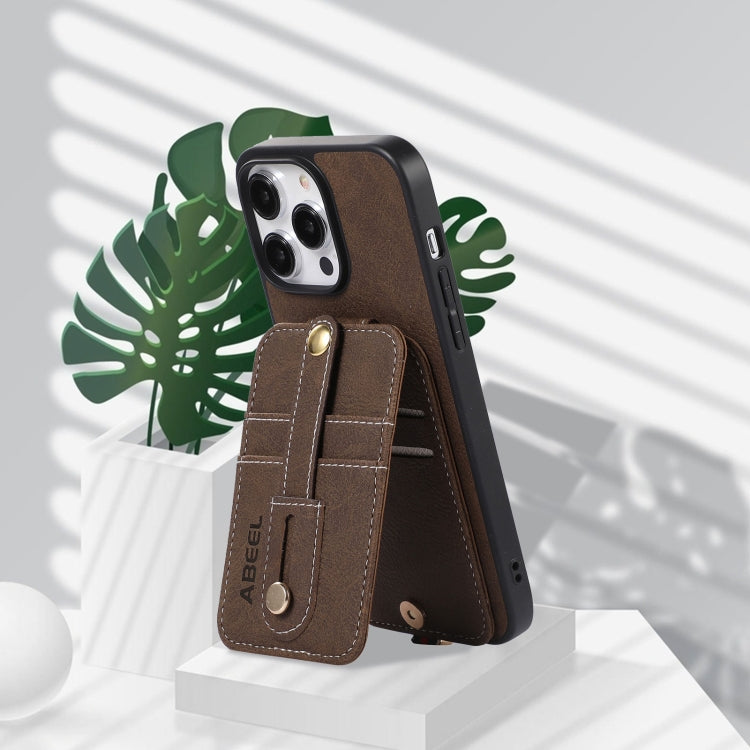 For iPhone 15 Pro Max ABEEL Litchi Texture Card Bag PU Phone Case(Khaki) - HoMEdemic™ 