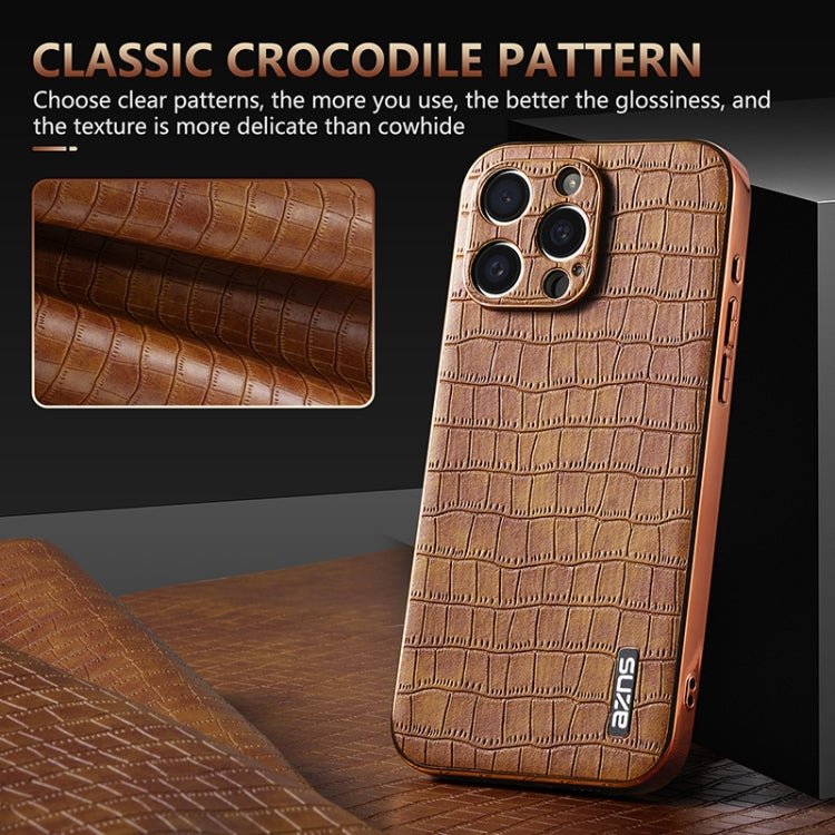 For iPhone 15 Pro Max AZNS Electroplated Frame Crocodile Texture Full Coverage Phone Case(Brown) - HoMEdemic™ 