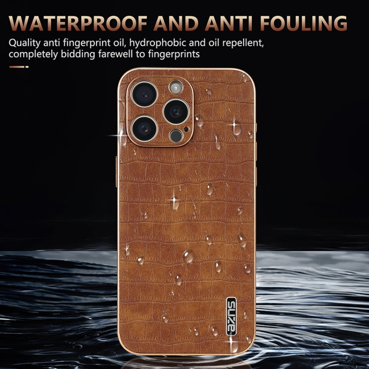 For iPhone 15 Pro Max AZNS Electroplated Frame Crocodile Texture Full Coverage Phone Case(Brown) - HoMEdemic™ 