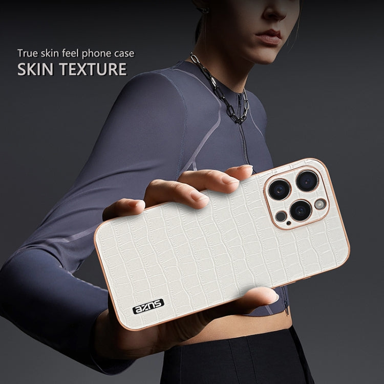 For iPhone 15 Pro Max AZNS Electroplated Frame Crocodile Texture Full Coverage Phone Case(White) - HoMEdemic™ 