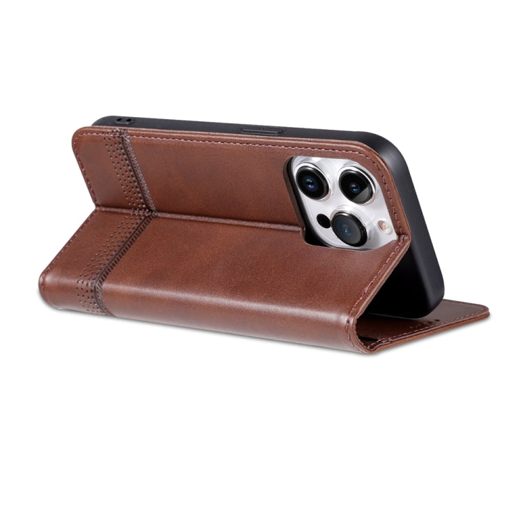 For iPhone 15 Pro Max AZNS Magnetic Calf Texture Flip Leather Phone Case(Dark Brown) - HoMEdemic™ 