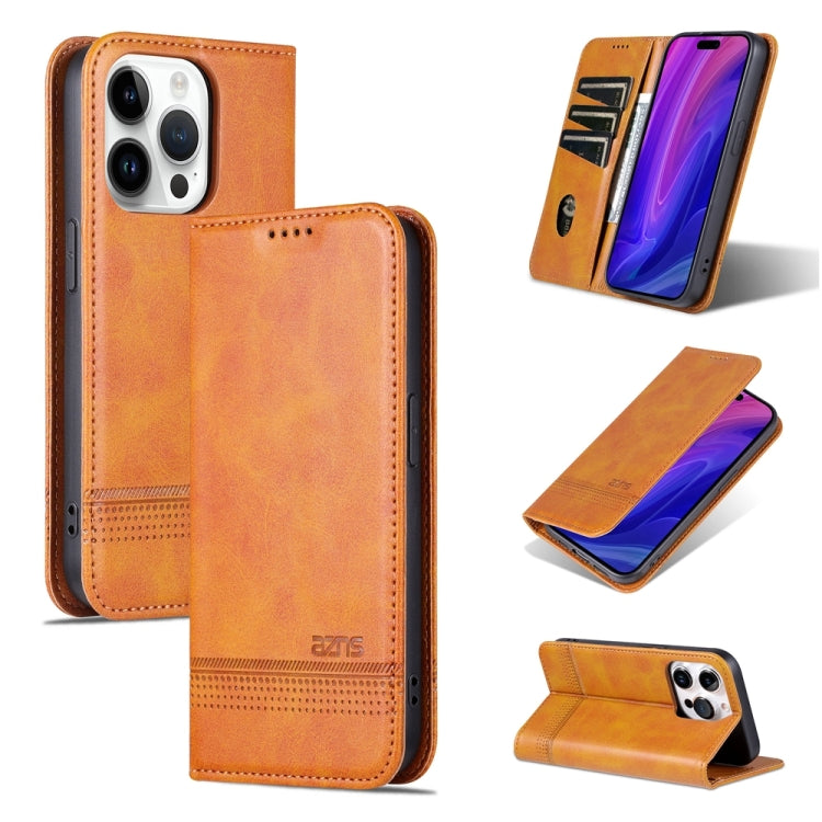 For iPhone 15 Pro Max AZNS Magnetic Calf Texture Flip Leather Phone Case(Light Brown) - HoMEdemic™ 