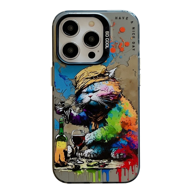 For iPhone 15 Pro Max Animal Pattern Oil Painting Series PC + TPU Phone Case(Drinking Cat) - HoMEdemic™ 