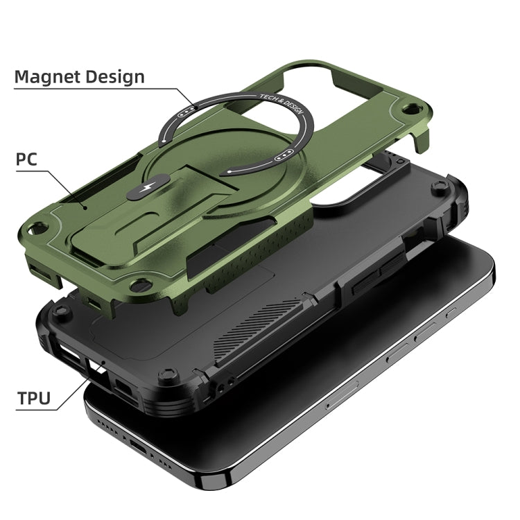 For iPhone 15 Pro Max Armor Magsafe Holder PC Hybrid TPU Phone Case(Army Green) - HoMEdemic™ 