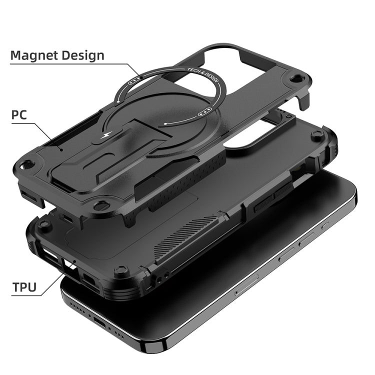 For iPhone 15 Pro Max Armor Magsafe Holder PC Hybrid TPU Phone Case(Black) - HoMEdemic™ 