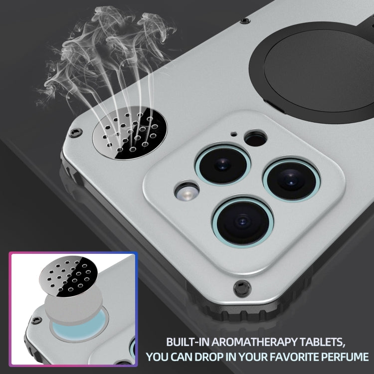For iPhone 15 Pro Max Aromatherapy MagSafe Holder Life Waterproof Rugged Phone Case(Silver) - HoMEdemic™ 