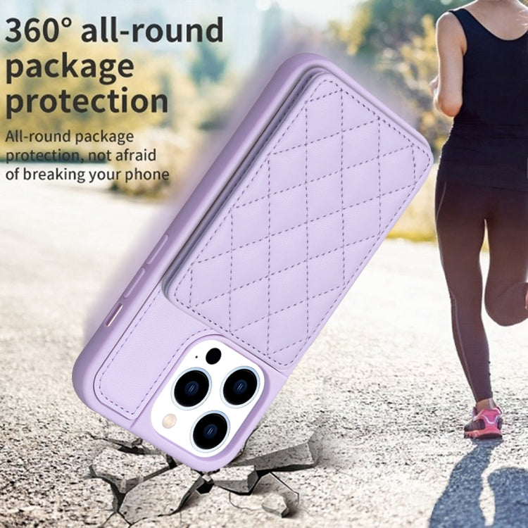 For iPhone 15 Pro Max BF25 Square Plaid Card Bag Holder Phone Case(Purple) - HoMEdemic™ 
