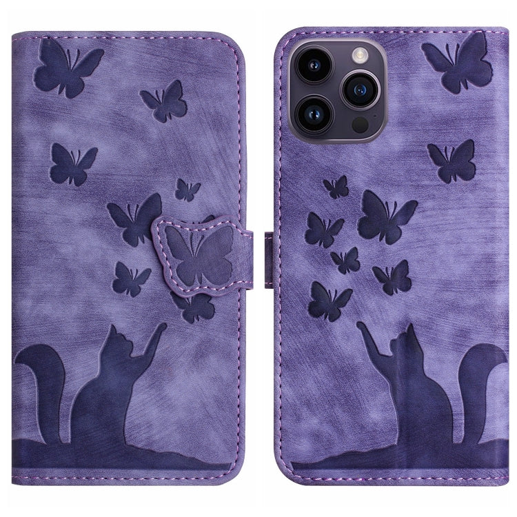 For iPhone 15 Pro Max Butterfly Cat Embossing Flip Leather Phone Case(Purple) - HoMEdemic™ 