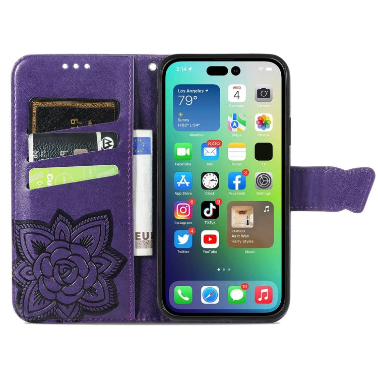 For iPhone 15 Pro Max Butterfly Love Flower Embossed Leather Phone Case(Dark Purple) - HoMEdemic™ 
