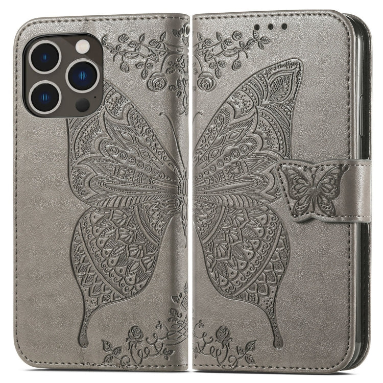 For iPhone 15 Pro Max Butterfly Love Flower Embossed Leather Phone Case(Gray) - HoMEdemic™ 