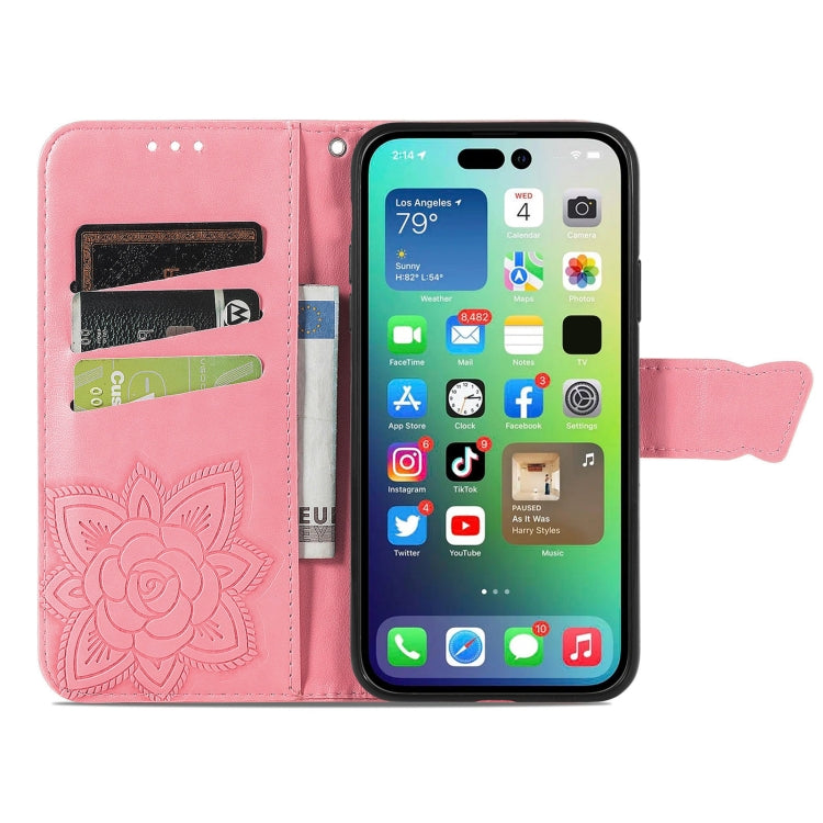 For iPhone 15 Pro Max Butterfly Love Flower Embossed Leather Phone Case(Pink) - HoMEdemic™ 
