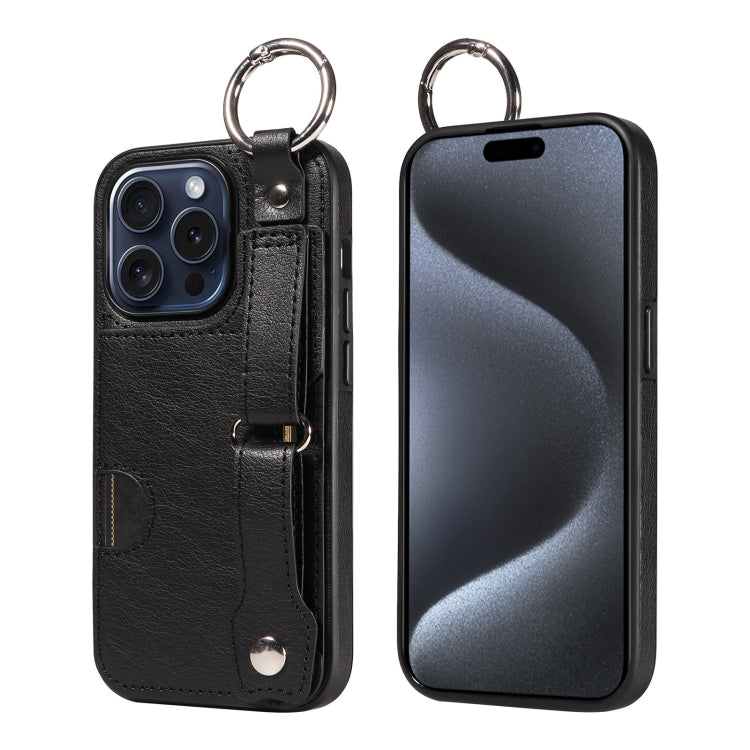 For iPhone 15 Pro Max Calf Texture Wrist Card Slot Ring Phone Case(Black) - HoMEdemic™ 