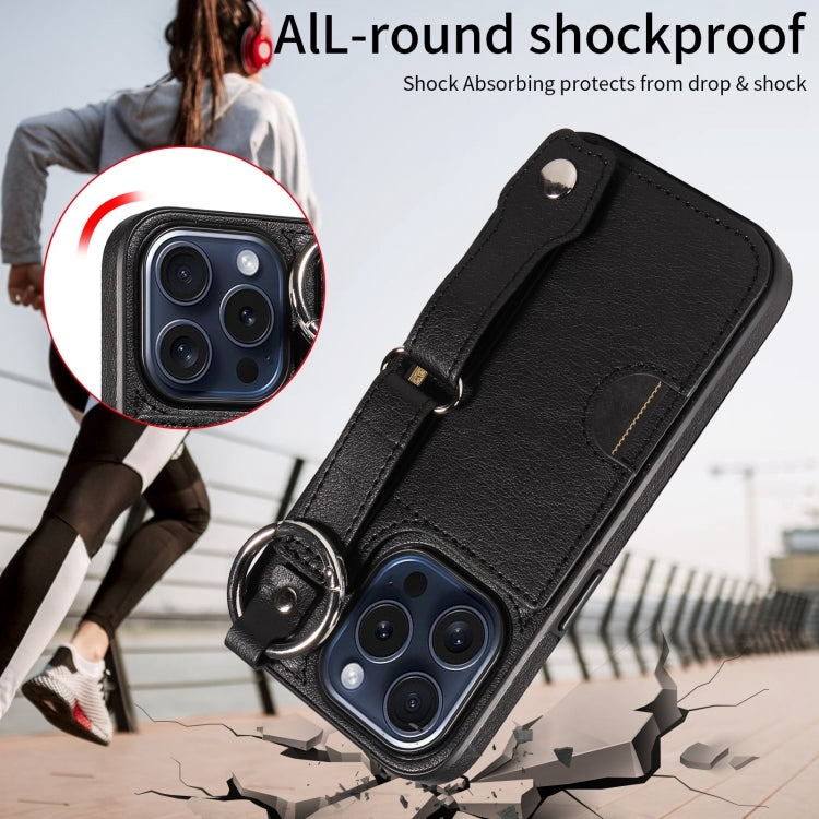 For iPhone 15 Pro Max Calf Texture Wrist Card Slot Ring Phone Case(Black) - HoMEdemic™ 