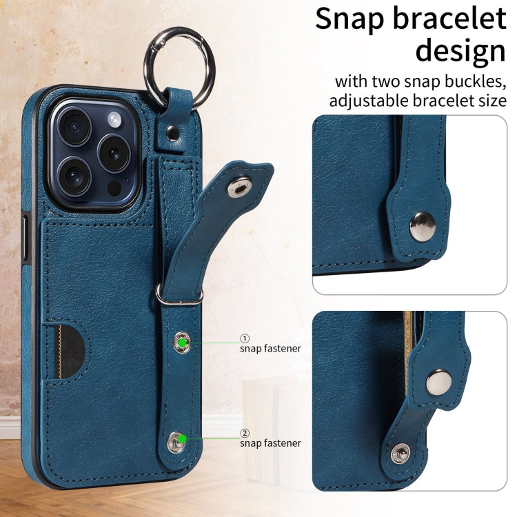 For iPhone 15 Pro Max Calf Texture Wrist Card Slot Ring Phone Case(Blue) - HoMEdemic™ 