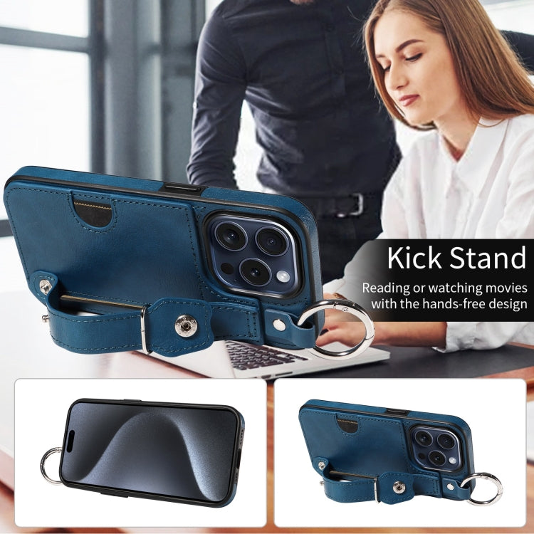 For iPhone 15 Pro Max Calf Texture Wrist Card Slot Ring Phone Case(Blue) - HoMEdemic™ 