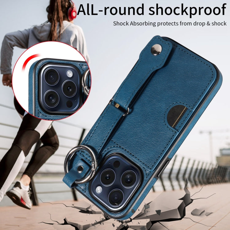 For iPhone 15 Pro Max Calf Texture Wrist Card Slot Ring Phone Case(Blue) - HoMEdemic™ 