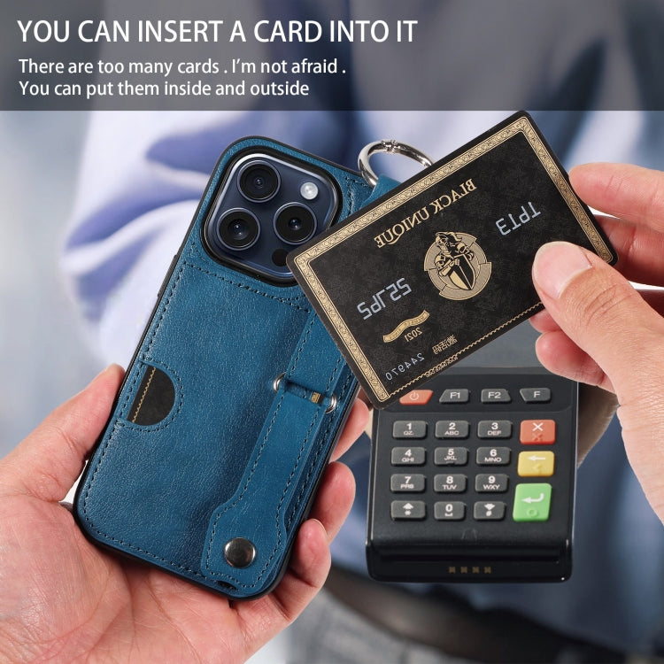 For iPhone 15 Pro Max Calf Texture Wrist Card Slot Ring Phone Case(Blue) - HoMEdemic™ 