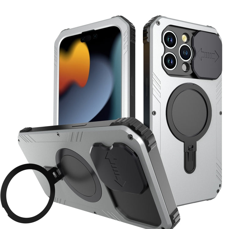 For iPhone 15 Pro Max Camera Shield MagSafe Holder Life Waterproof Phone Case(Silver) - HoMEdemic™ 