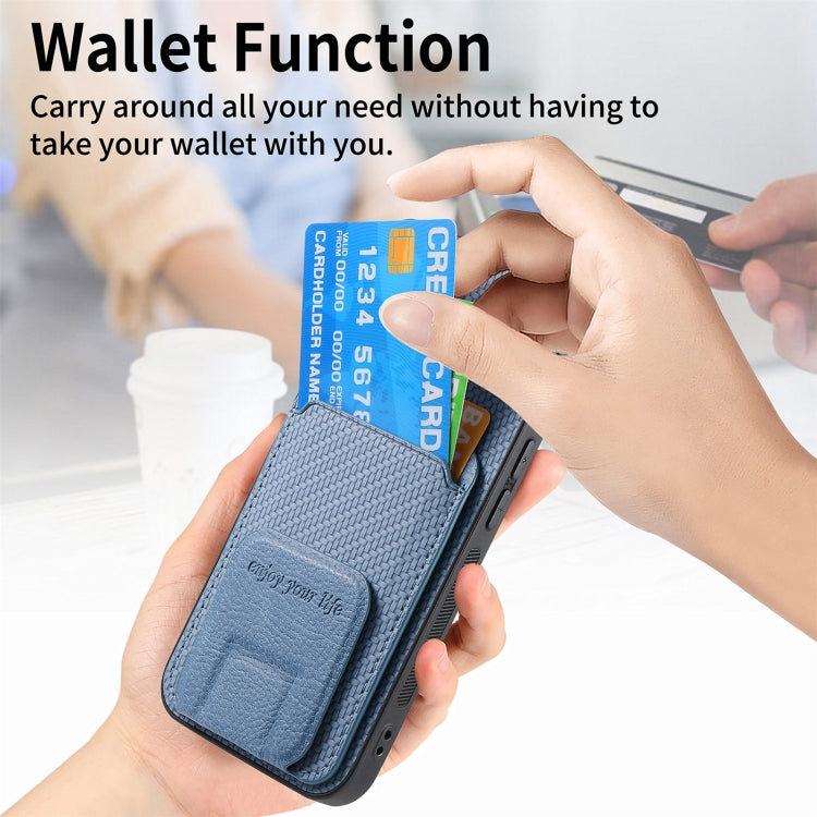 For iPhone 15 Pro Max Carbon Fiber Card Bag Fold Stand Phone Case(Blue) - HoMEdemic™ 