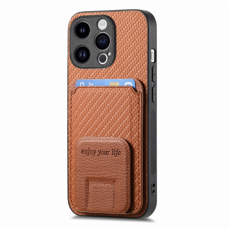 For iPhone 15 Pro Max Carbon Fiber Card Bag Fold Stand Phone Case(Brown) - HoMEdemic™ 