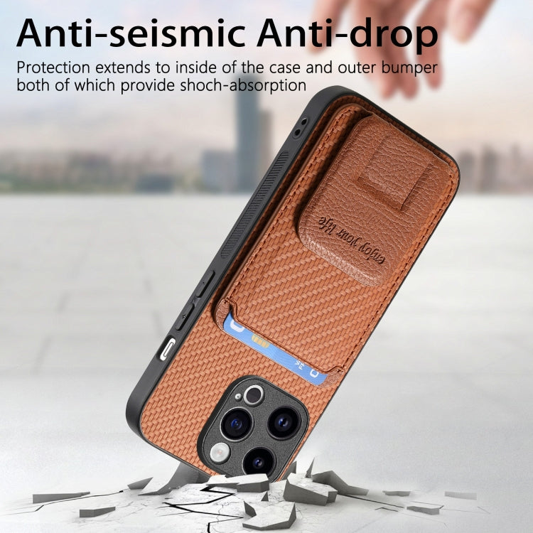For iPhone 15 Pro Max Carbon Fiber Card Bag Fold Stand Phone Case(Brown) - HoMEdemic™ 