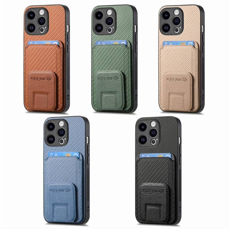For iPhone 15 Pro Max Carbon Fiber Card Bag Fold Stand Phone Case(Brown) - HoMEdemic™ 