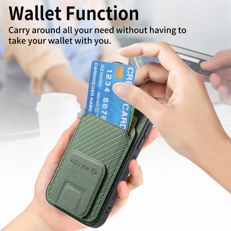 For iPhone 15 Pro Max Carbon Fiber Card Bag Fold Stand Phone Case(Green) - HoMEdemic™ 