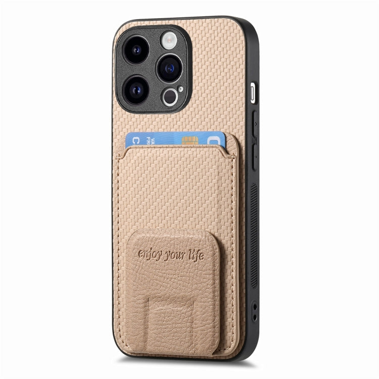 For iPhone 15 Pro Max Carbon Fiber Card Bag Fold Stand Phone Case(Khaki) - HoMEdemic™ 