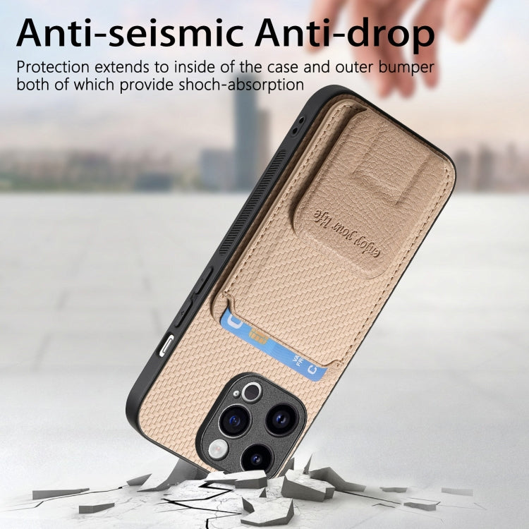 For iPhone 15 Pro Max Carbon Fiber Card Bag Fold Stand Phone Case(Khaki) - HoMEdemic™ 