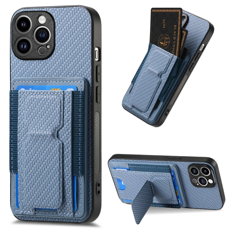 For iPhone 15 Pro Max Carbon Fiber Fold Stand Elastic Card Bag Phone Case(Blue) - HoMEdemic™ 