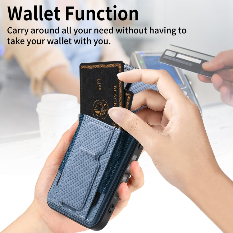 For iPhone 15 Pro Max Carbon Fiber Fold Stand Elastic Card Bag Phone Case(Blue) - HoMEdemic™ 