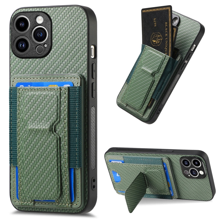 For iPhone 15 Pro Max Carbon Fiber Fold Stand Elastic Card Bag Phone Case(Green) - HoMEdemic™ 