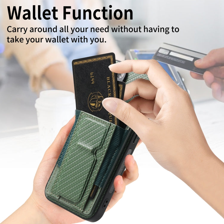 For iPhone 15 Pro Max Carbon Fiber Fold Stand Elastic Card Bag Phone Case(Green) - HoMEdemic™ 