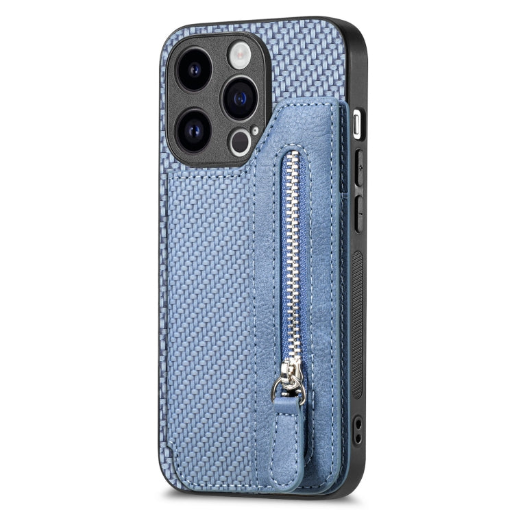 For iPhone 15 Pro Max Carbon Fiber Horizontal Flip Zipper Wallet Phone Case(Blue) - HoMEdemic™ 