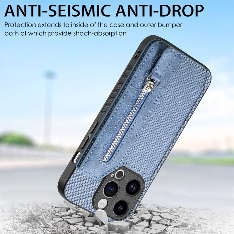 For iPhone 15 Pro Max Carbon Fiber Horizontal Flip Zipper Wallet Phone Case(Blue) - HoMEdemic™ 