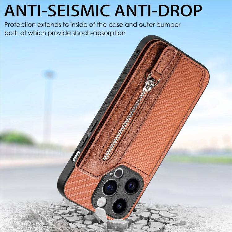 For iPhone 15 Pro Max Carbon Fiber Horizontal Flip Zipper Wallet Phone Case(Brown) - HoMEdemic™ 