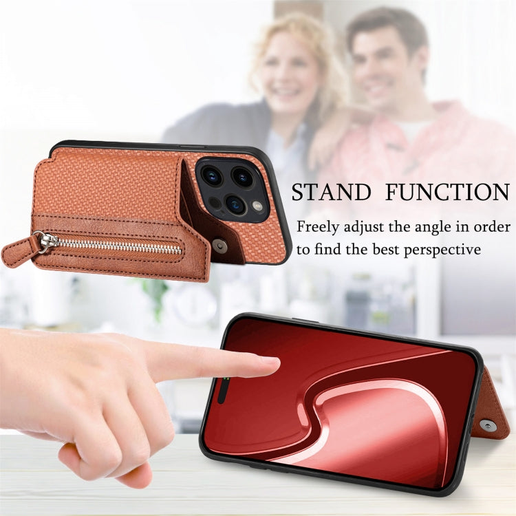 For iPhone 15 Pro Max Carbon Fiber Horizontal Flip Zipper Wallet Phone Case(Brown) - HoMEdemic™ 