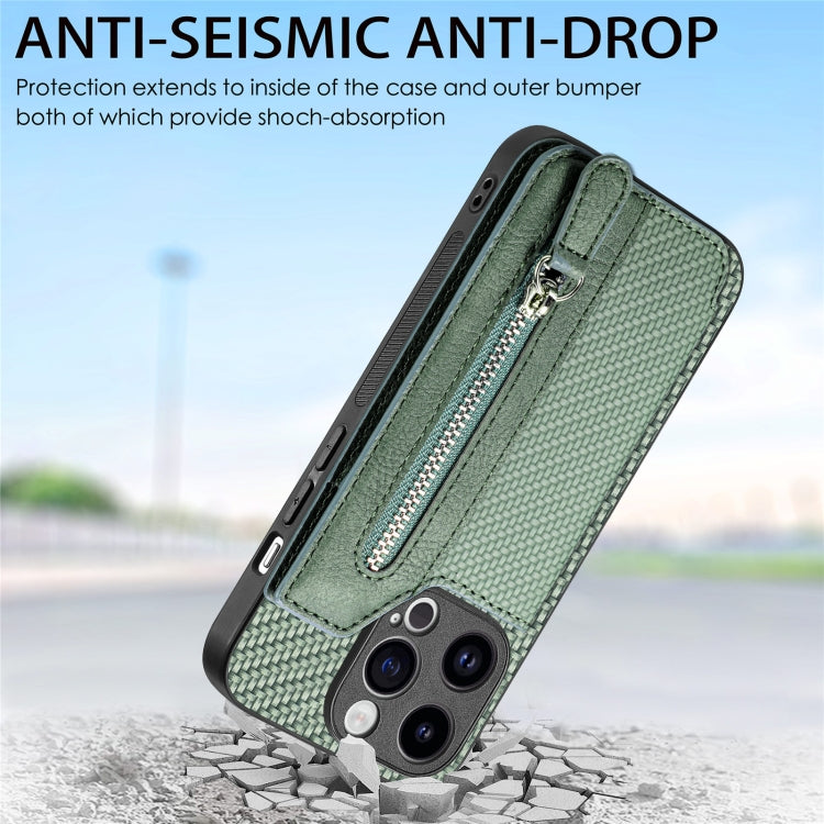 For iPhone 15 Pro Max Carbon Fiber Horizontal Flip Zipper Wallet Phone Case(Green) - HoMEdemic™ 