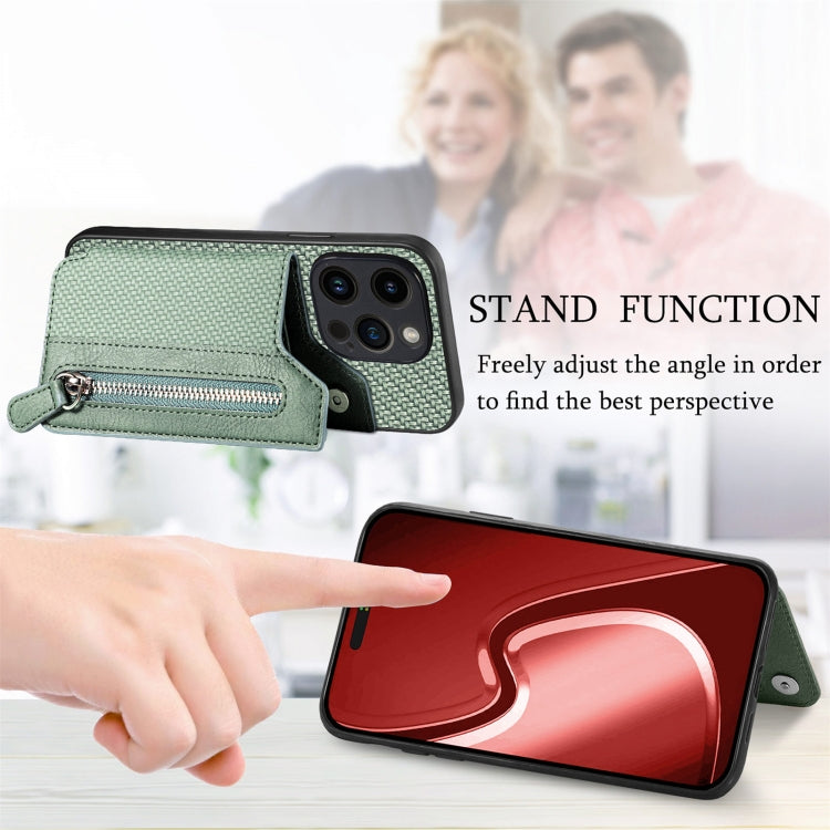 For iPhone 15 Pro Max Carbon Fiber Horizontal Flip Zipper Wallet Phone Case(Green) - HoMEdemic™ 