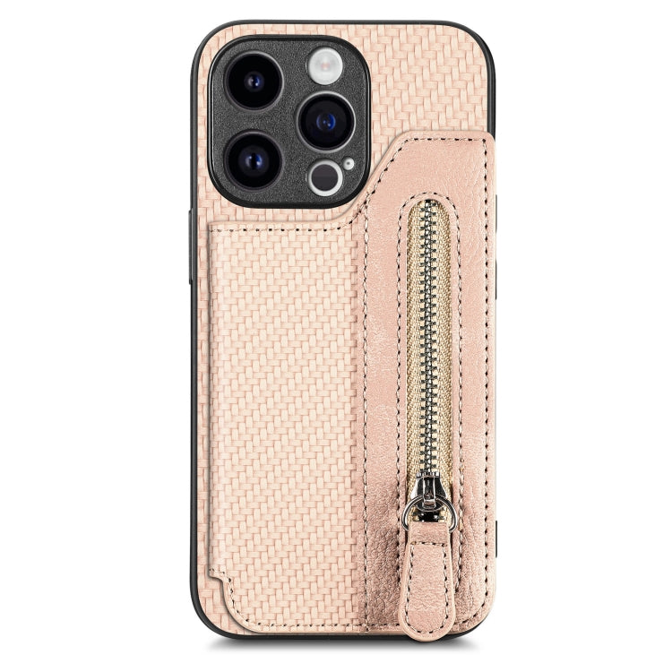 For iPhone 15 Pro Max Carbon Fiber Horizontal Flip Zipper Wallet Phone Case(Khaki) - HoMEdemic™ 