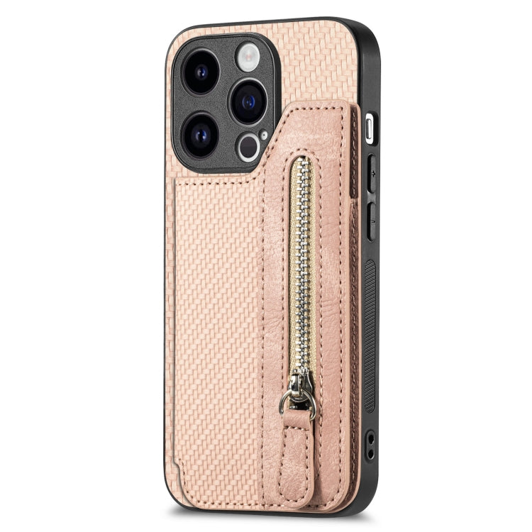 For iPhone 15 Pro Max Carbon Fiber Horizontal Flip Zipper Wallet Phone Case(Khaki) - HoMEdemic™ 