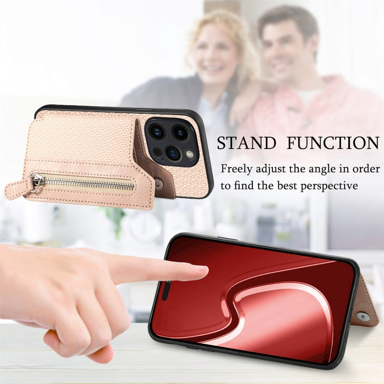 For iPhone 15 Pro Max Carbon Fiber Horizontal Flip Zipper Wallet Phone Case(Khaki) - HoMEdemic™ 