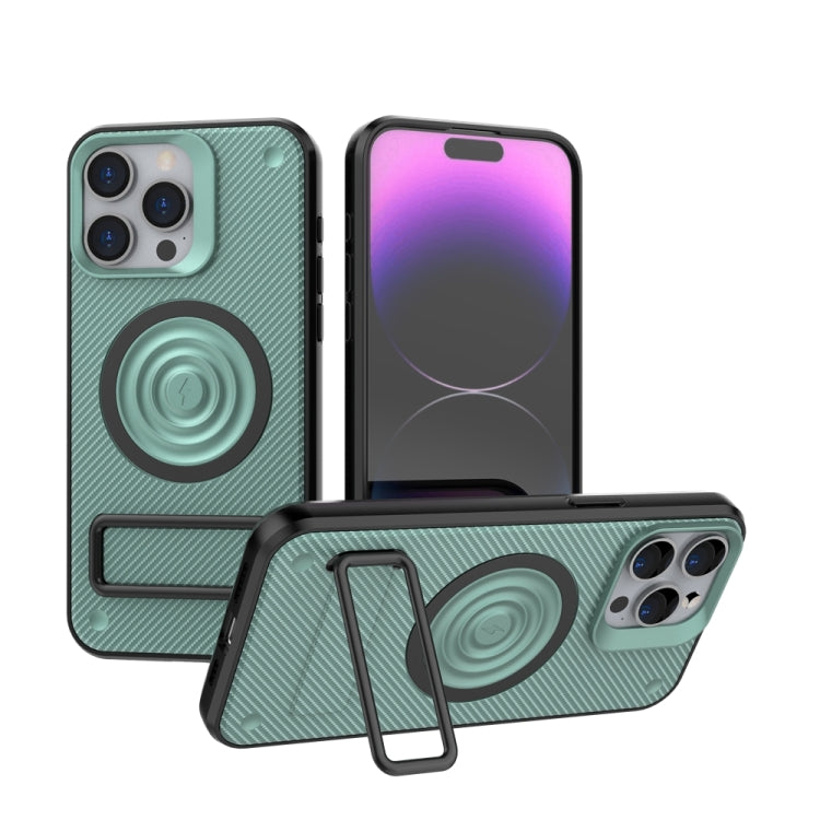 For iPhone 15 Pro Max Carbon Fiber Texture PC + TPU Phone Case with Metal Holder(Green) - HoMEdemic™ 
