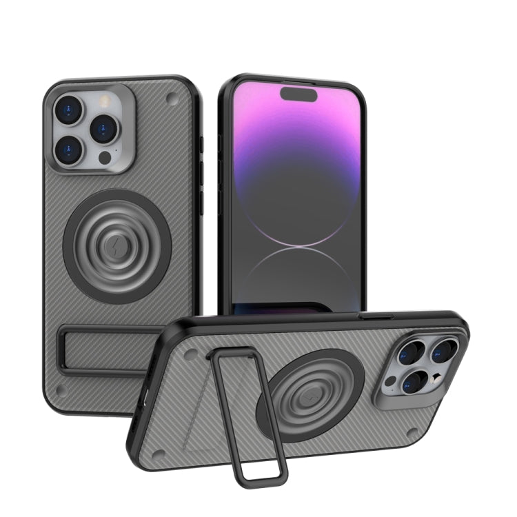 For iPhone 15 Pro Max Carbon Fiber Texture PC + TPU Phone Case with Metal Holder(Grey) - HoMEdemic™ 