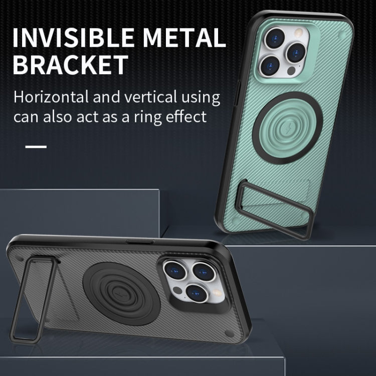 For iPhone 15 Pro Max Carbon Fiber Texture PC + TPU Phone Case with Metal Holder(Grey) - HoMEdemic™ 