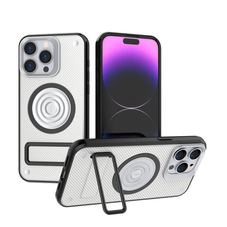 For iPhone 15 Pro Max Carbon Fiber Texture PC + TPU Phone Case with Metal Holder(White) - HoMEdemic™ 
