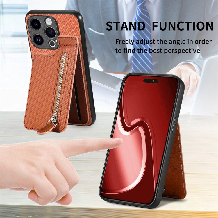 For iPhone 15 Pro Max Carbon Fiber Vertical Flip Zipper Phone Case(Brown) - HoMEdemic™ 