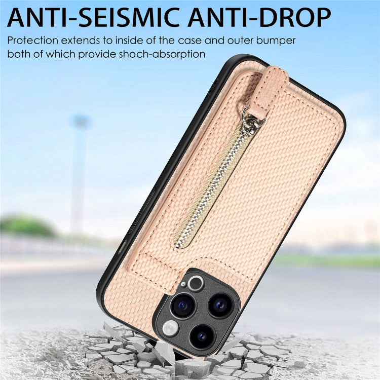For iPhone 15 Pro Max Carbon Fiber Vertical Flip Zipper Phone Case(Khaki) - HoMEdemic™ 